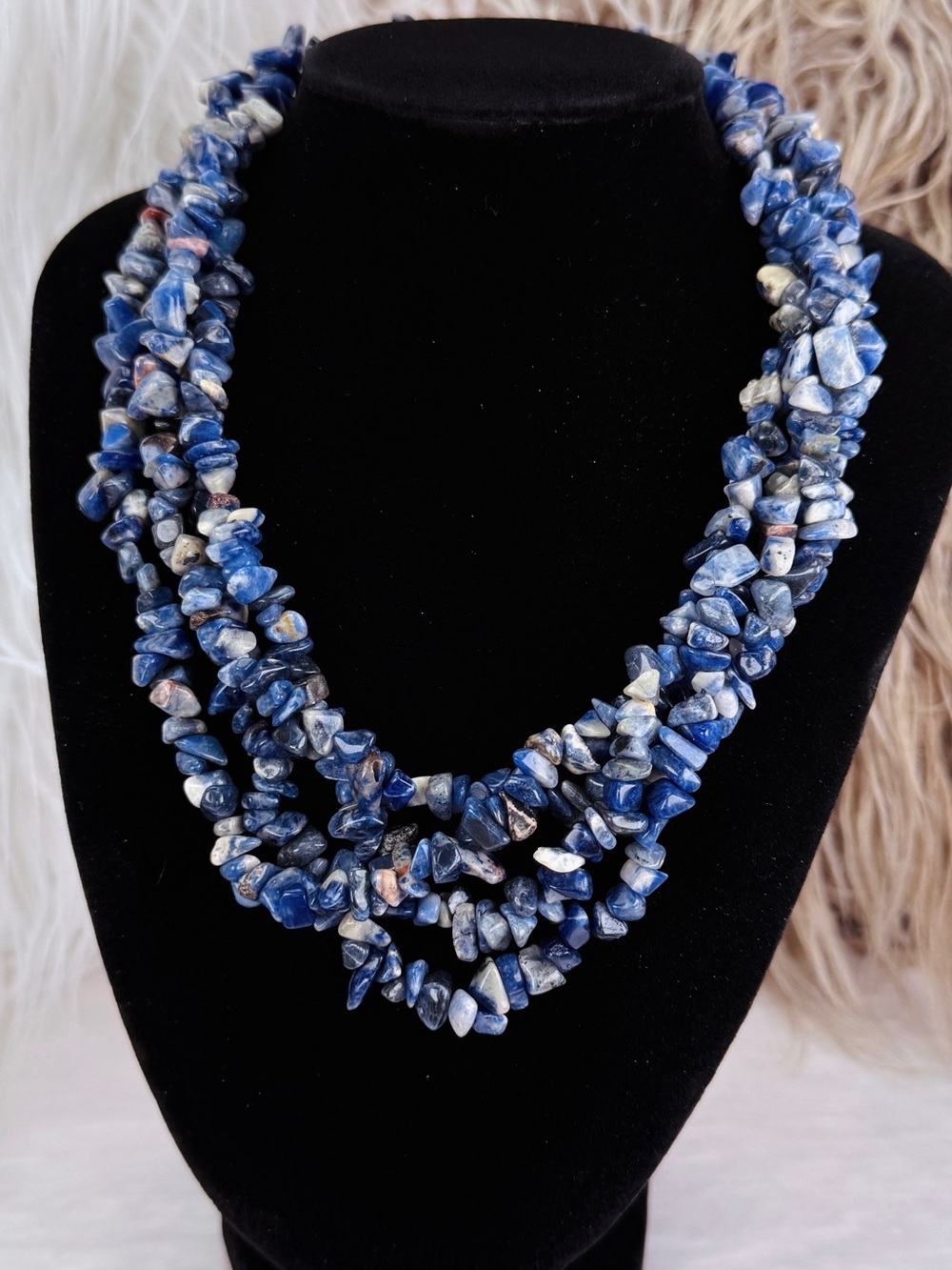 Blue White Multi Strand Chip Bead Statement Necklace Substantial Estate Jewelry